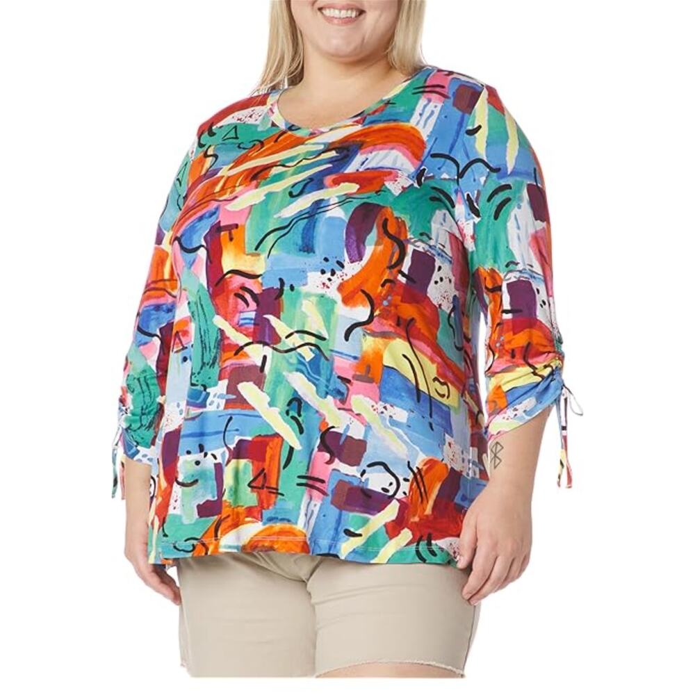 Ali Miles Multicolor Brush Stroke Art-to-Wear 3/4 Cinch Sleeve Top Plus Size 1X